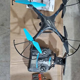 Small drone with blue propellers and dark gray frame, front camera module