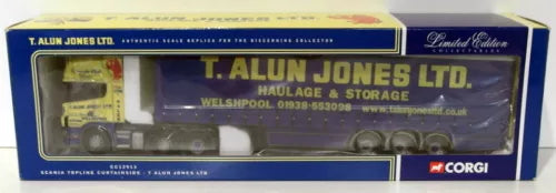 Diecast Scania curtainside truck model in retail box, blue and yellow