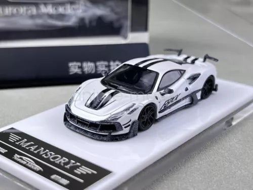 White diecast sports car model with front 3/4 view, black wheels, on display base