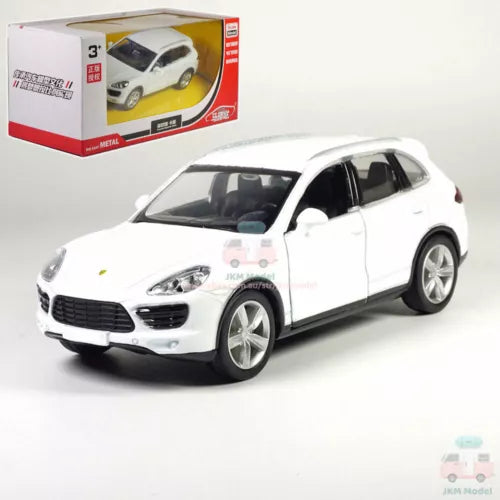 White diecast SUV model car with detailed front grille and alloy wheels