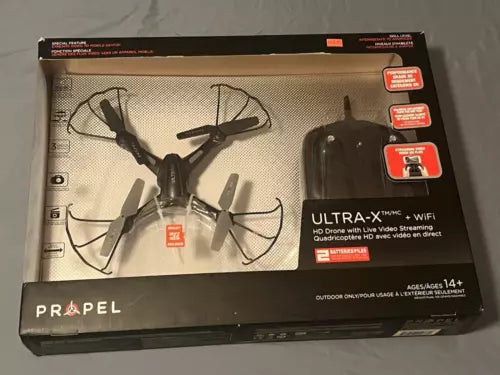 Propel Ultra-X WiFi HD drone in retail box with folded propellers and cover