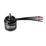 Brushless RC motor with shaft and three wired leads with red, blue, and gold connectors