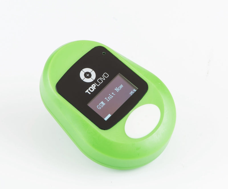 Mini GPS tracker in lime green with display and SOS button