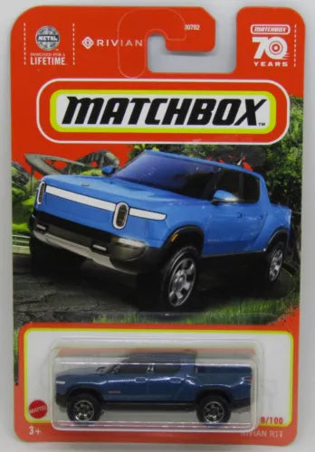 Blue Rivian R1T Matchbox diecast truck in blister pack, 8/100