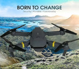 Black quadcopter drone with front camera module and four propellers