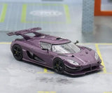 Purple diecast sports car model, front three-quarter view, black wheels