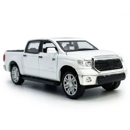 1:36 white diecast pickup truck model car with chrome grille and open wheels