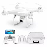 White GPS quadcopter drone with camera, WiFi live view, remote controller and carrying case