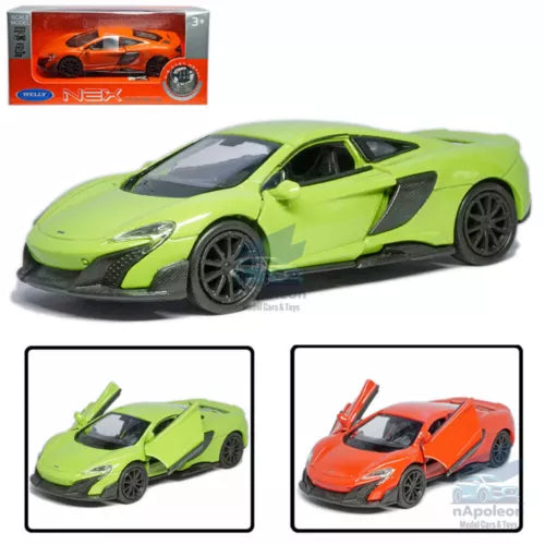 Lime green diecast supercar model car with black hood and side details, front 3/4 view.