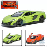 Lime green diecast supercar model car with black hood and side details, front 3/4 view.