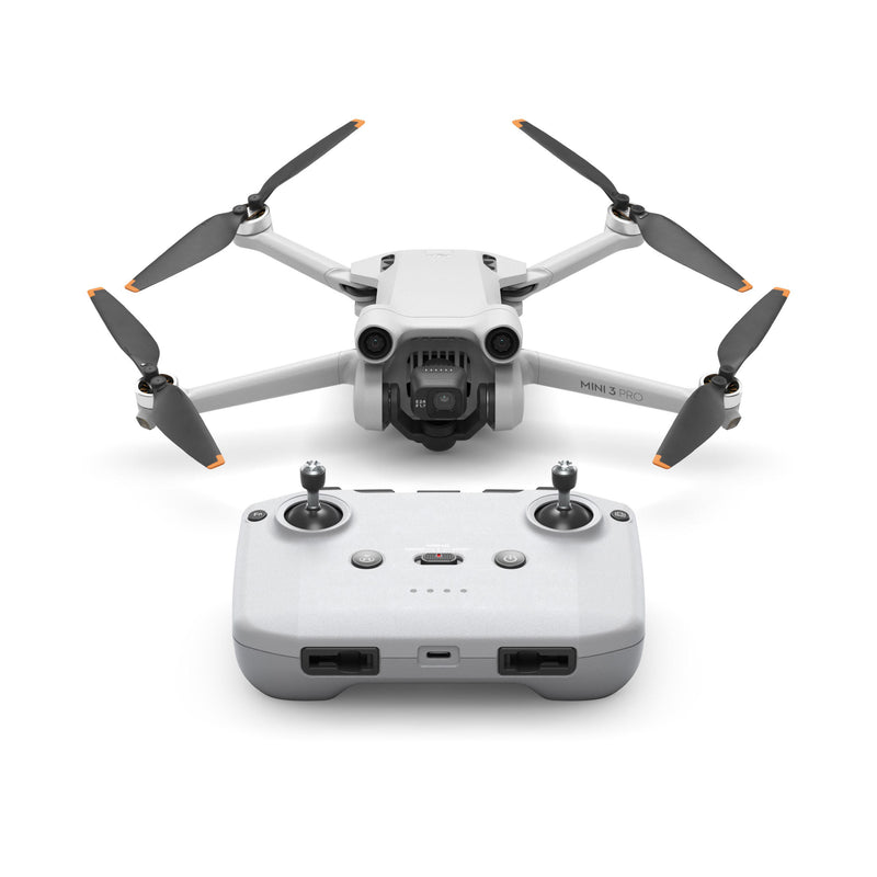 DJI drone with RC controller, white body, front view, four foldable propellers.