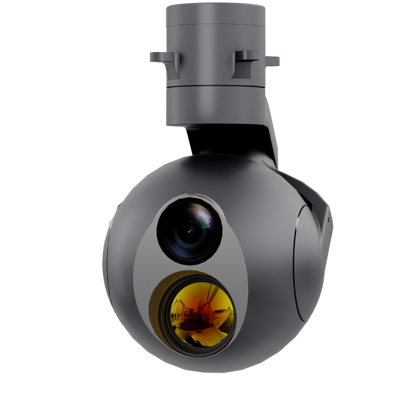 Gray aerial camera pod with wide-angle lens and cylindrical housing