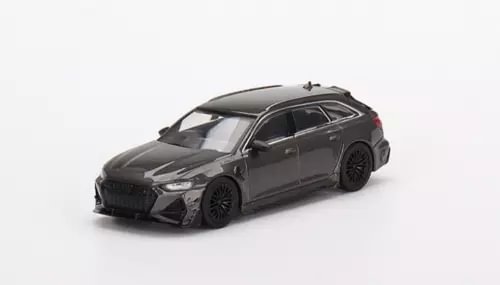 Dark grey diecast model station wagon car with black wheels, front 3/4 view