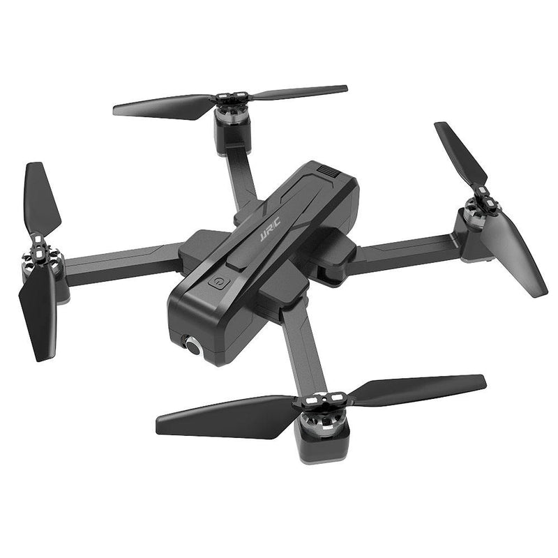 Foldable quadcopter drone, black, four propellers.