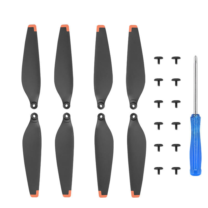Drone propeller set: four black props with orange tips, plus screws and screwdriver