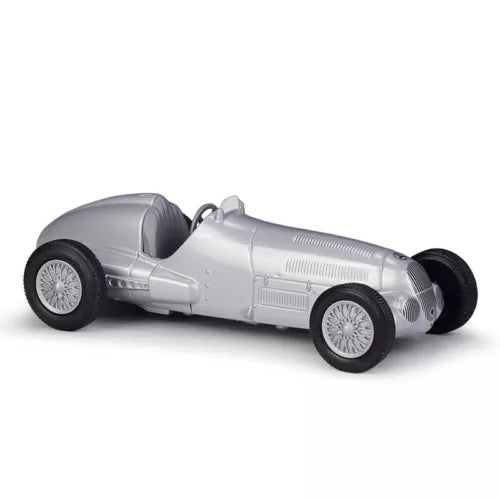 Diecast model car, silver Mercedes-Benz 1937 W125, black wheels, 1:36 scale