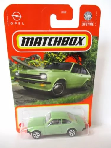 Green Opel Kadett C GT/E 1:64 diecast car in Matchbox packaging