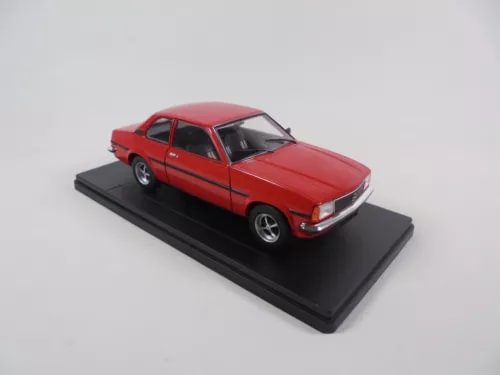 Red Opel Ascona diecast car model, 1/24 scale, on black display base