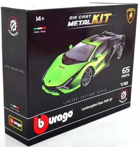 Lamborghini Sian FKP37 die-cast metal kit model car box, 1:18 scale, green, 65 parts