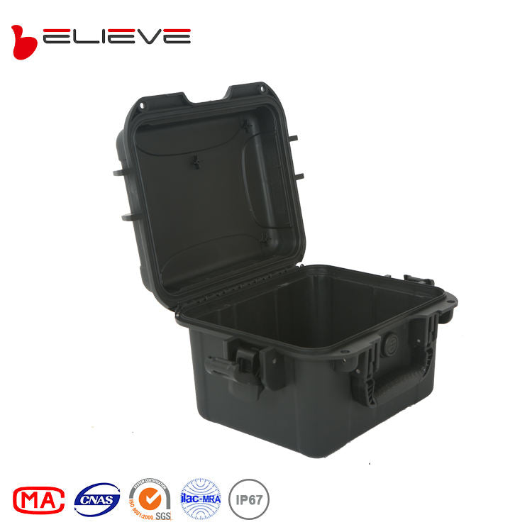 IP67 small hard drone case with hinged lid open and molded foam interior