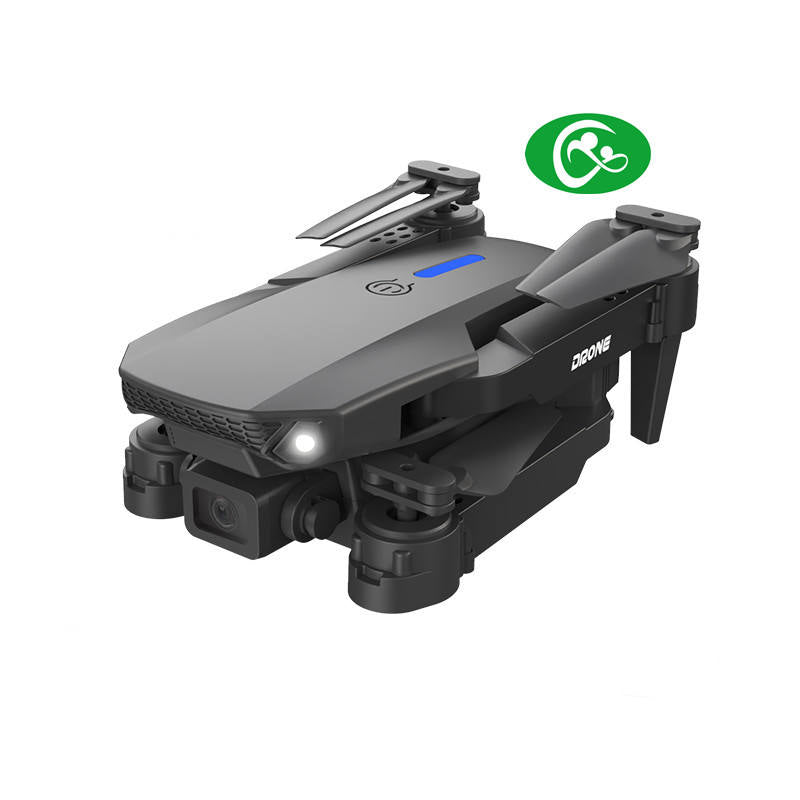 Foldable quadcopter drone with built-in camera and front LED light, gray body