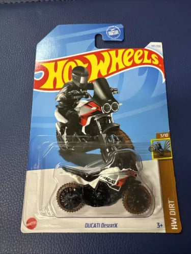 Hot Wheels diecast motorcycle in retail blister pack, Ducati DesertX