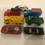 Vintage diecast car set of 7, assorted colored trucks and cars with open backs