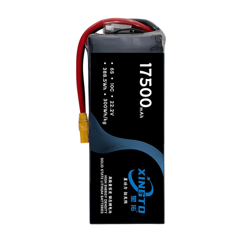 Solid state lipo battery pack with red leads and yellow connector, 17500 mAh label
