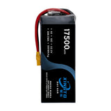 Solid state lipo battery pack with red leads and yellow connector, 17500 mAh label