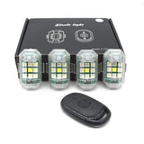 Remote-controlled LED motorcycle light kit with four clip-on units and wireless key fob