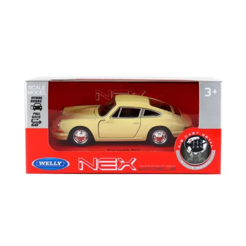 Welly Nex diecast toy car model, cream Porsche-style coupe in display box