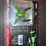 Sky Phantom SPV drone kit box with green quadcopter and controller/phone