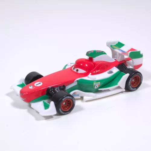 Diecast toy race car with red body, white panels, green accents, and exposed wheels