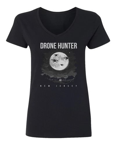 Black ladies V-neck T-shirt with Drone Hunter moon graphic and New Jersey text