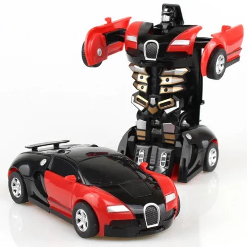 Diecast robot car toy, red and black transformer with open door panels