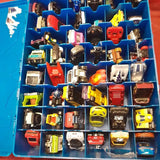 Assorted Matchboxdifferent diecast cars in blue storage tray