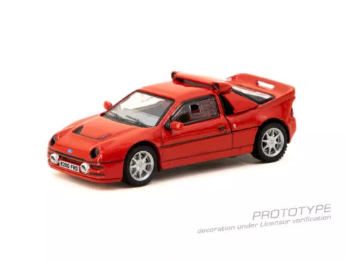 Red 1:64 Ford RS200 diecast model car with hood scoop and rear spoiler