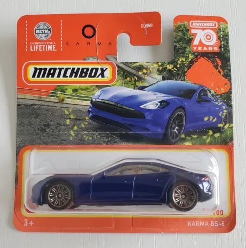 Matchbox 1:64 Karma GS-6 blue EV diecast model car, unopened blister pack