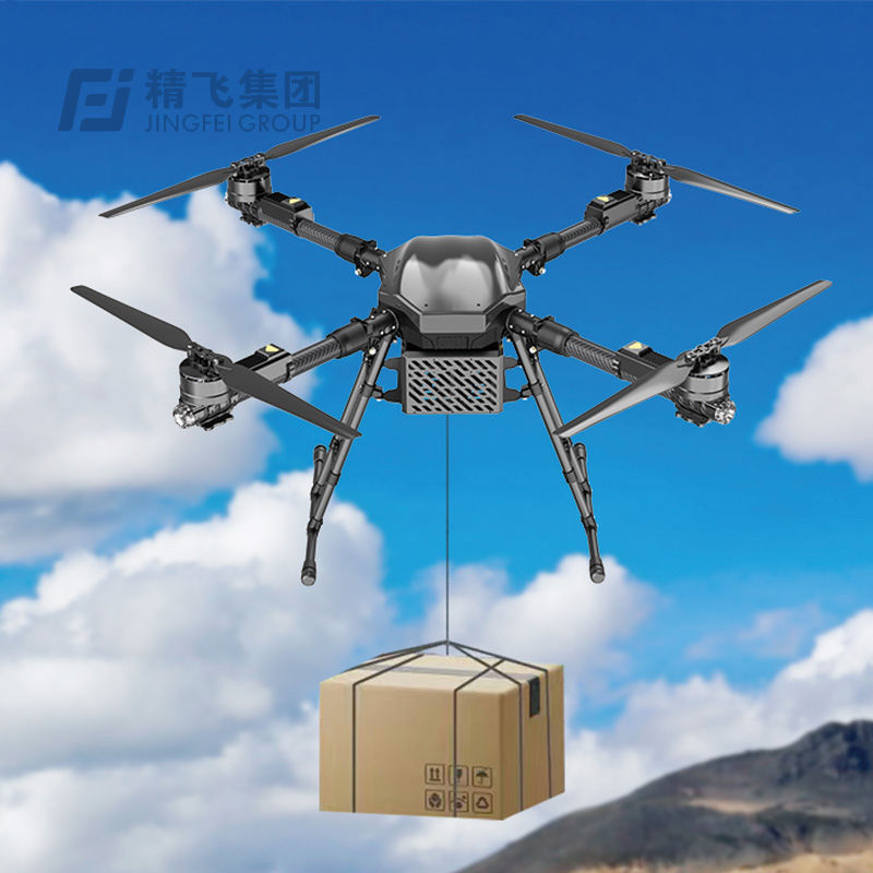 Heavy-lift delivery drone carrying a cardboard crate, six-rotor propellers