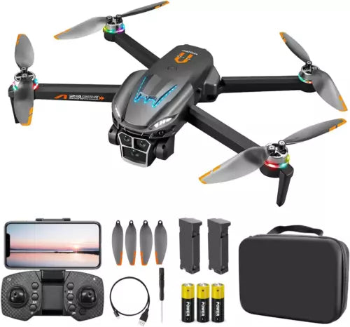 4K quadcopter drone kit with gray drone, controller, and batteries