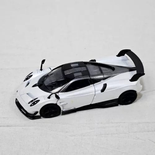 White Pagani Huayra BC 1:38 diecast model car toy, black accents, rear wing