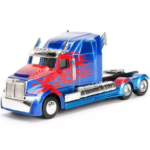 1:32 scale diecast model truck, blue cab with red flame graphics and chrome grille