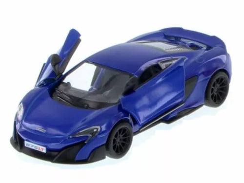 Blue sports diecast toy car with black wheels and rear spoiler, detailed bodywork