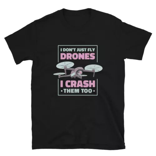 Black crewneck T-shirt with colorful drone graphic and slogan print