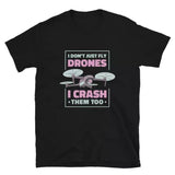 Black crewneck T-shirt with colorful drone graphic and slogan print