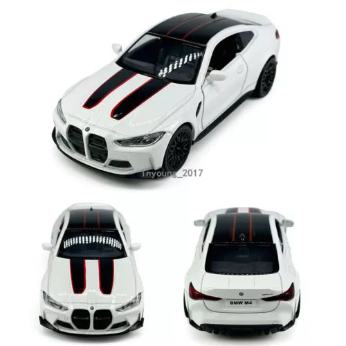 White diecast BMW M4 CSL model car toy with red racing stripes, front and rear views