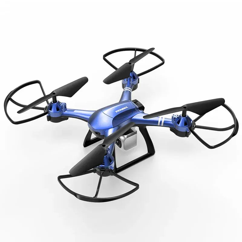 Blue quadcopter drone with four black prop guards and propellers