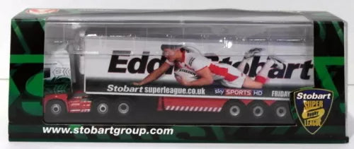 Green and grey diecast truck model in clear box with Stobart Super League logo