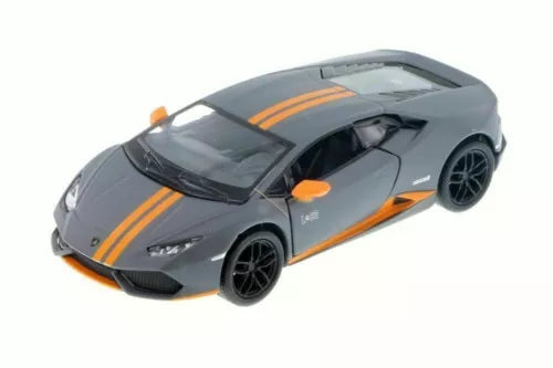 Gray and orange diecast sports car model, front three-quarter view.