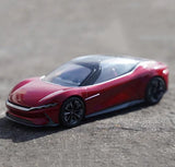1/43 BYD E-SEED GT diecast car model, maroon body, black wheels, front 3/4 view